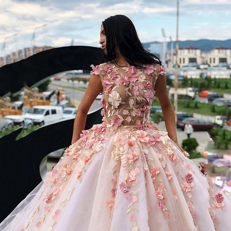 Princess Ball Gown Pink Tulle Prom Dresses with Handmade Flowers, Quinceanera SJS15658