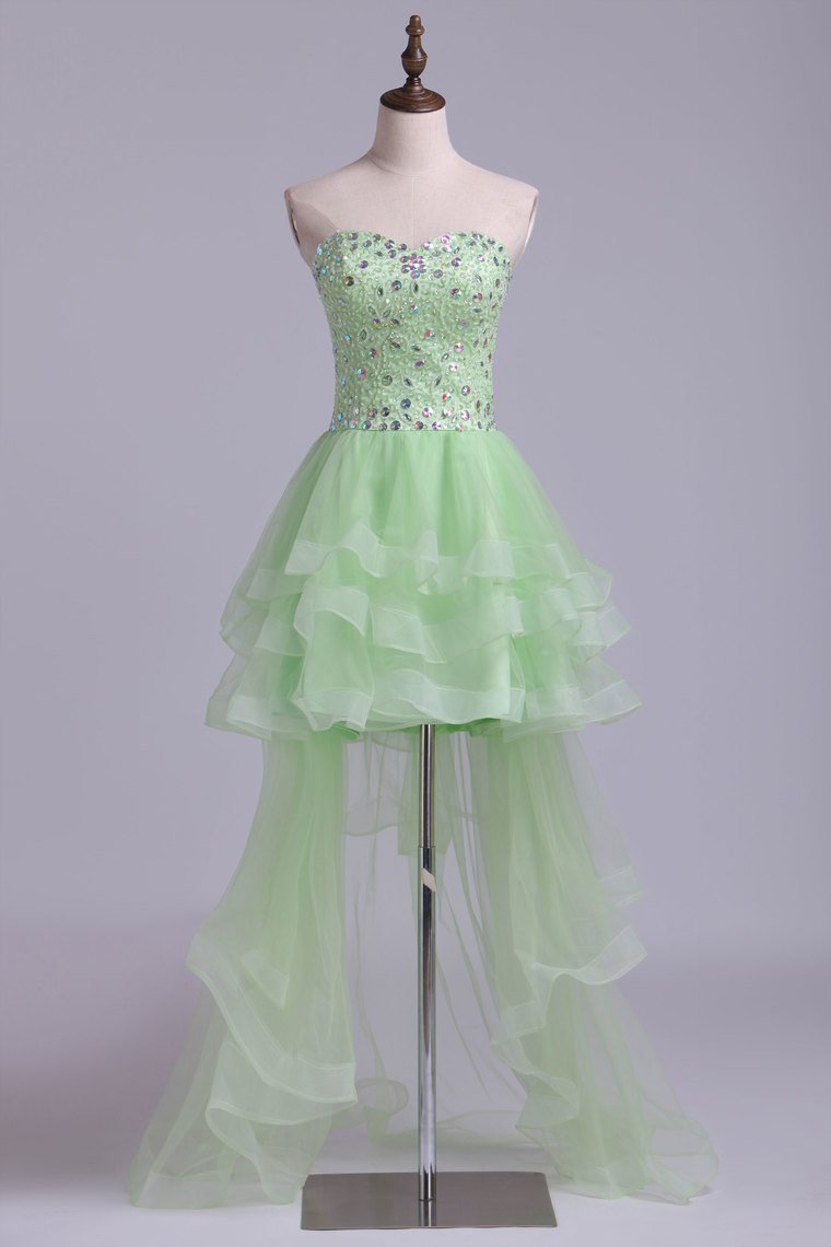 Sweetheart A Line High Low Prom Dress Beaded Tulle