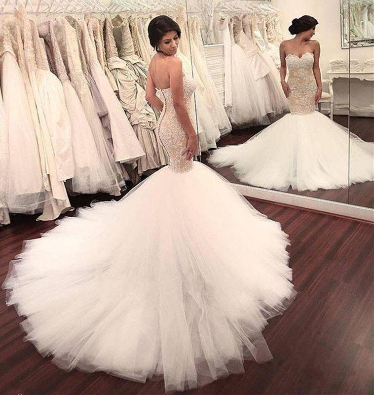 Stunning Mermaid Strapless Sweetheart Tulle Wedding Dresses with Appliques, Wedding Gowns SRS15439