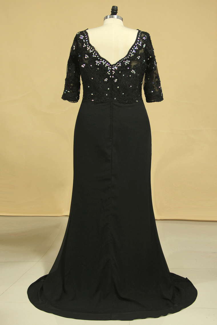 Plus Size Black V Neck Mother Of The Bride Dresses With Beads And Applique Chiffon