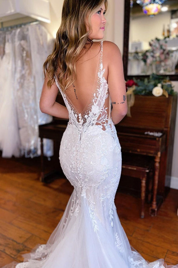 Elegant Mermaid Deep V Neck Lace Wedding Dresses with Beading