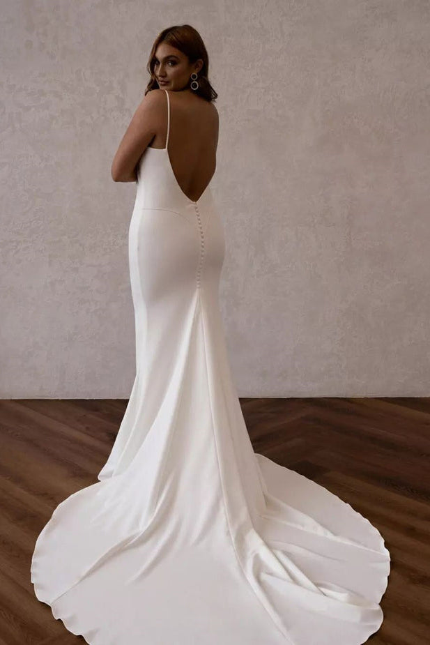 Elegant Mermaid V Neck Elastic Satin Long Wedding Dresses with Train