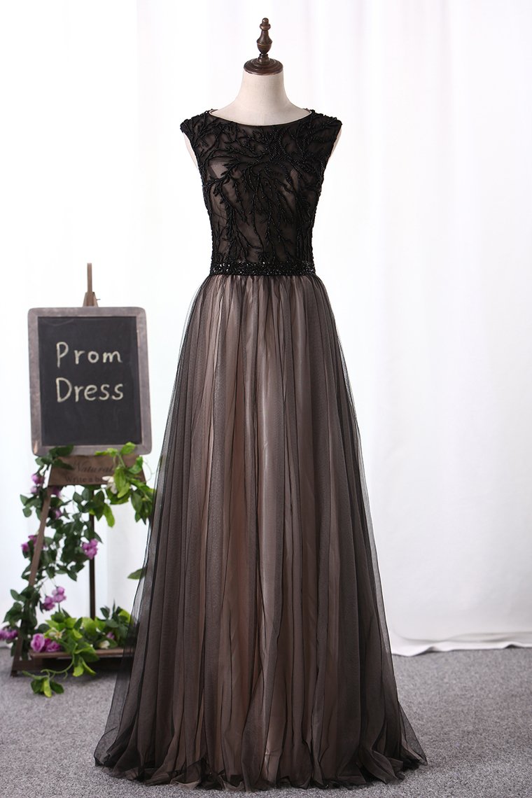 2024 Prom Dresses Scoop A Line With Beading Sweep Train Tulle