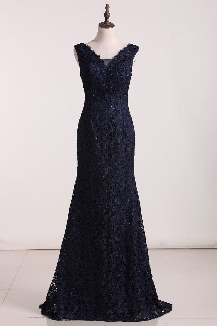 2024 Evening Dresses V Neck With Beading Sweep Train Lace Open Back