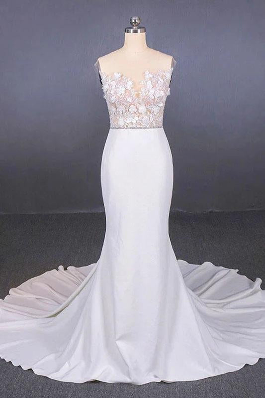 Mermaid Sheer Neck Mermaid Long Wedding Dress with Appliques, Wedding Gowns SRS15265