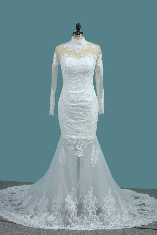 2024 Mermaid Wedding Dresses High Neck Long Sleeves Tulle With Applique And Beads