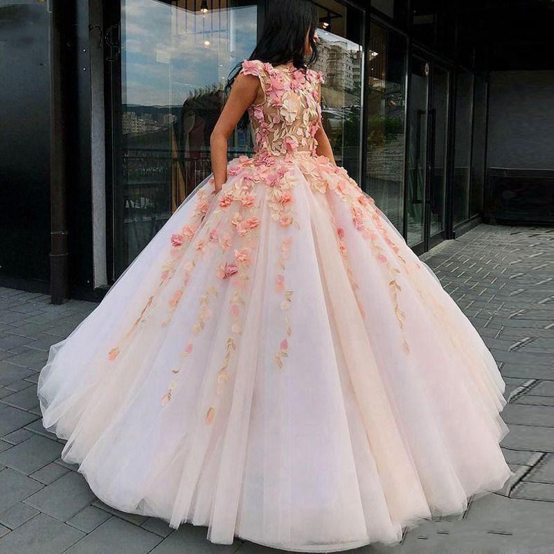 Princess Ball Gown Pink Tulle Prom Dresses with Handmade Flowers, Quinceanera SJS15658