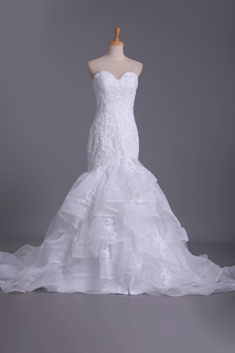 2024 Organza Wedding Dresses Mermaid Sweetheart With Applique And Beads