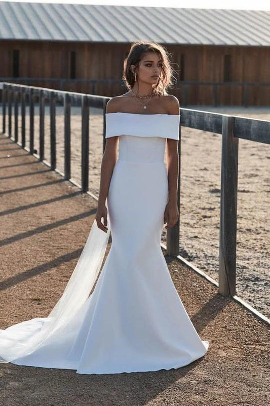 Elegant Mermaid Ivory Off the Shoulder Wedding Dresses, Long Simple Wedding Gowns SRS15179