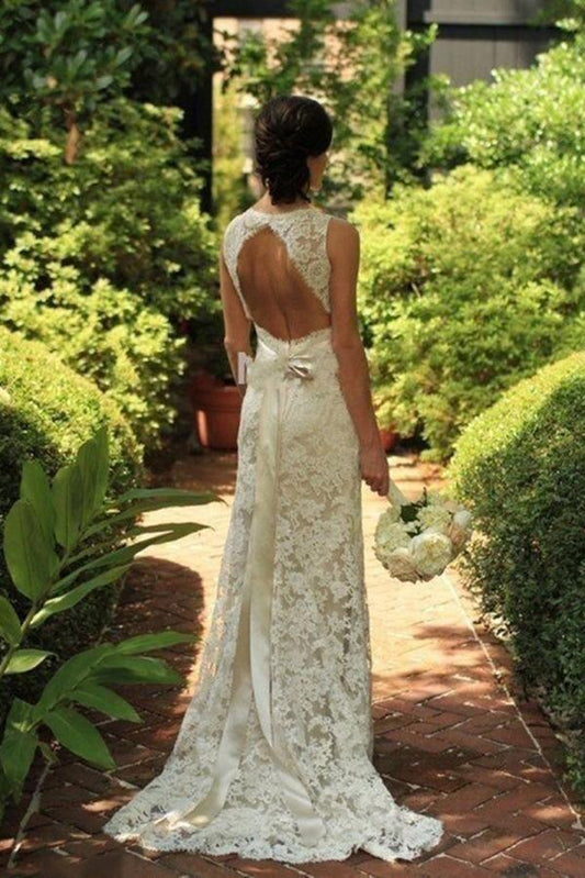 2024 Sheath Sleeveless Open Back Mermaid Lace V-neck Sweep Train Wedding SRS10098