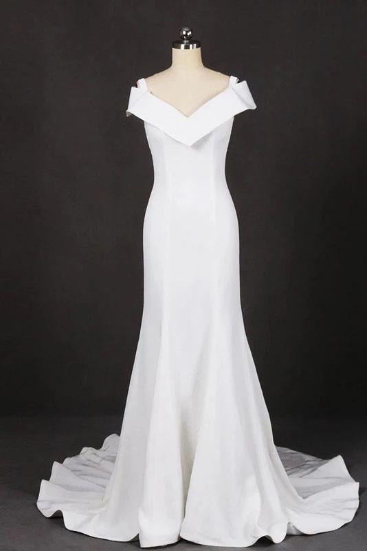 Mermaid V Neck Ivory Simple Wedding Dress, Satin Unique Long Wedding Gowns SRS15268