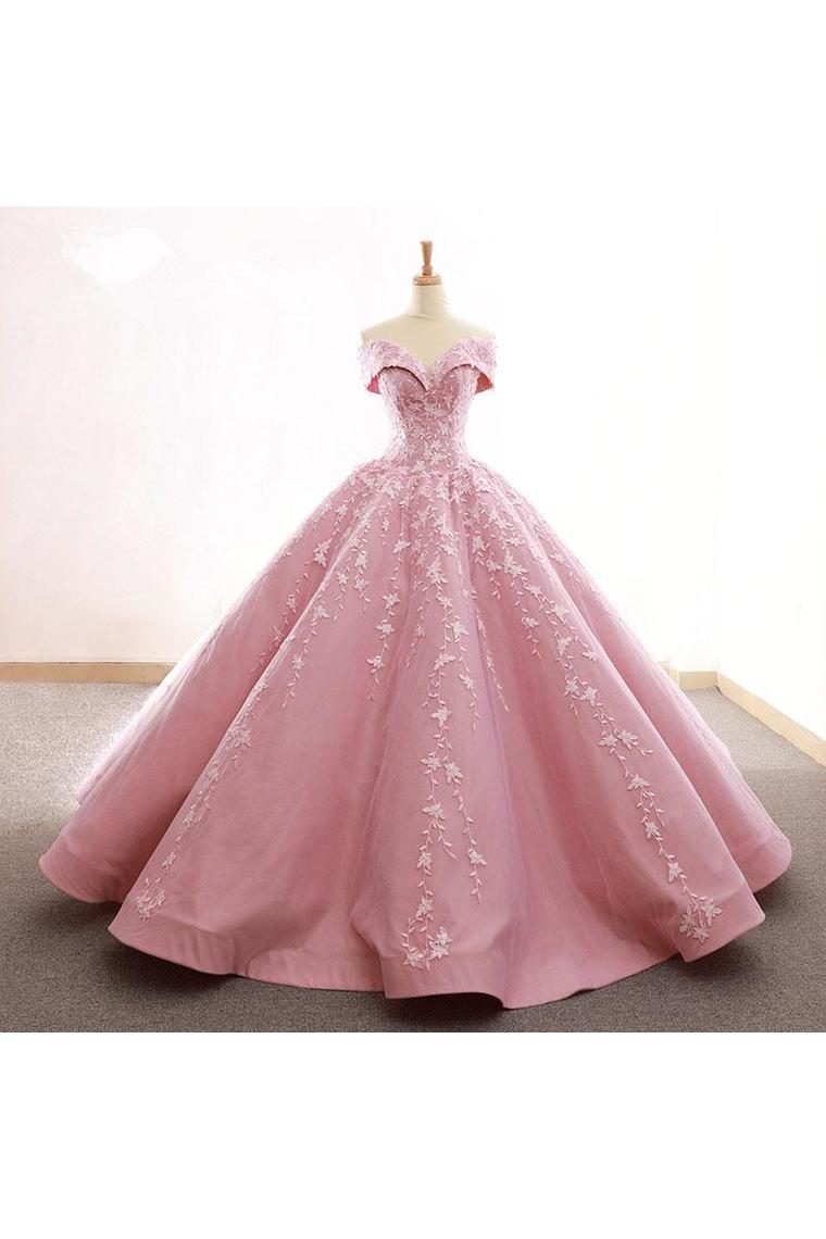 Ball Gown Off The Shoulder Satin Prom Dress With Appliques Long Quinceanera SJSPDJZ6JB1