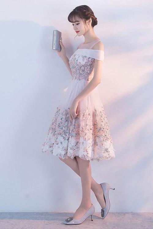 Cute Princess Pink Lace Flowers Knee Length Homecoming Dresses Short Prom Dresses H1003