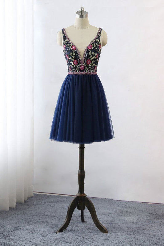 Dark Blue V Neck Lace Tulle Short Prom Dresses Floral Print Backless Homecoming Dress H1027