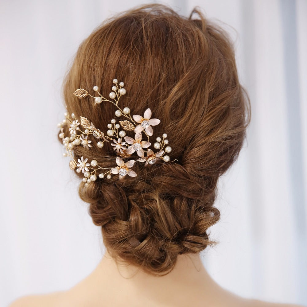 Gold Flower Crystal Pearl Bridal Headband Wedding Headpiece