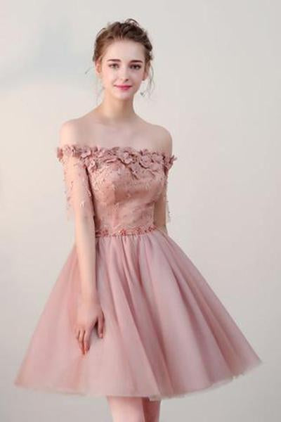 Off the Shoulder Short Sleeve Pink Above Knee Beads Flowers Lace up Homecoming Dress H1012