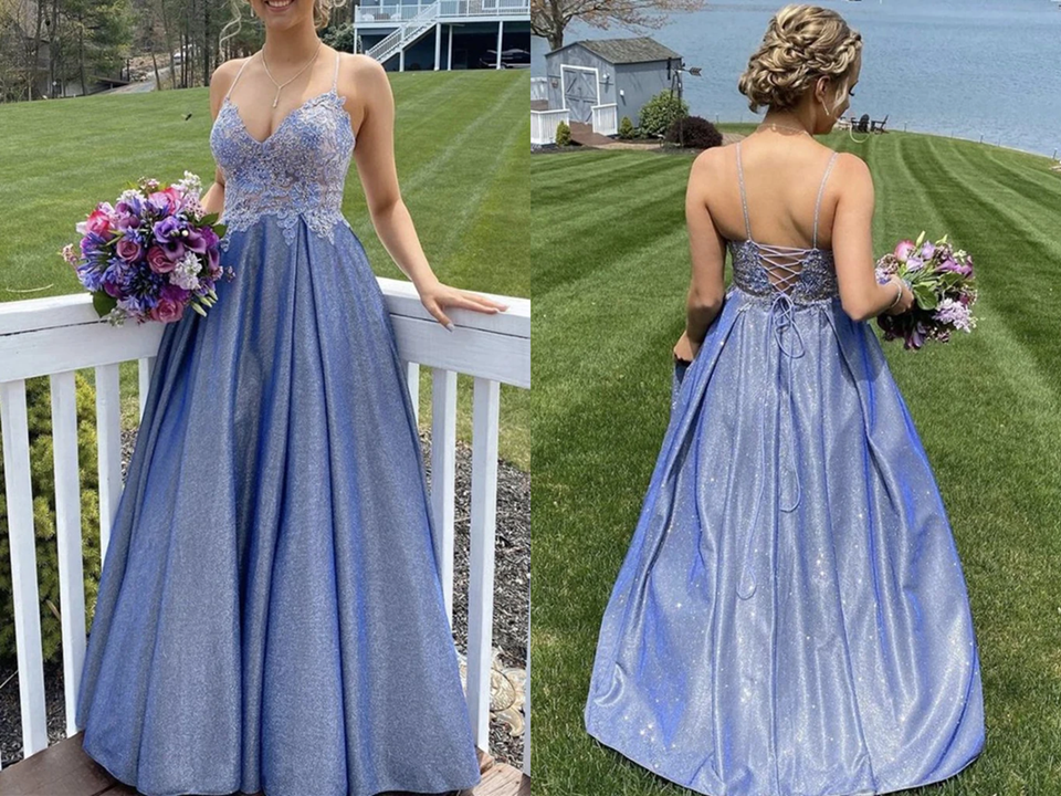 A Line Spaghetti Straps Blue Lace Top Prom Dresses Long Formal