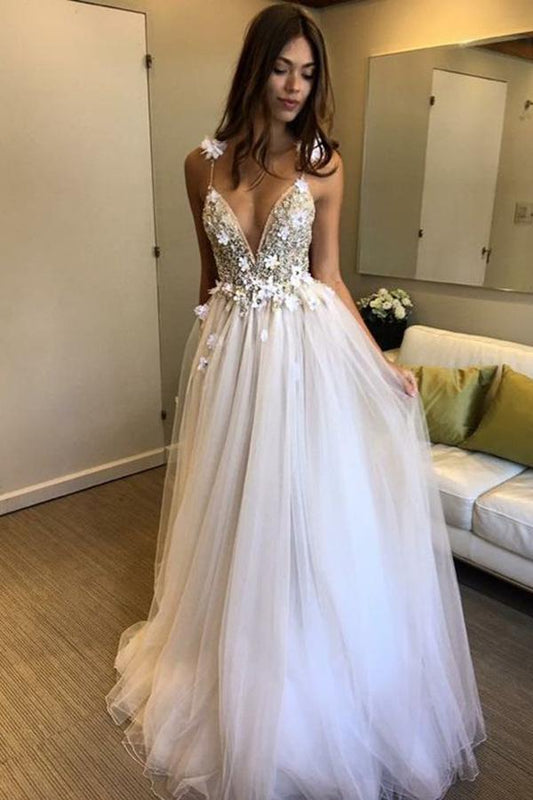 Deep V-neck Beading Prom Dresses,Straps Tulle Appliques A-line Custom Beach Wedding Dress