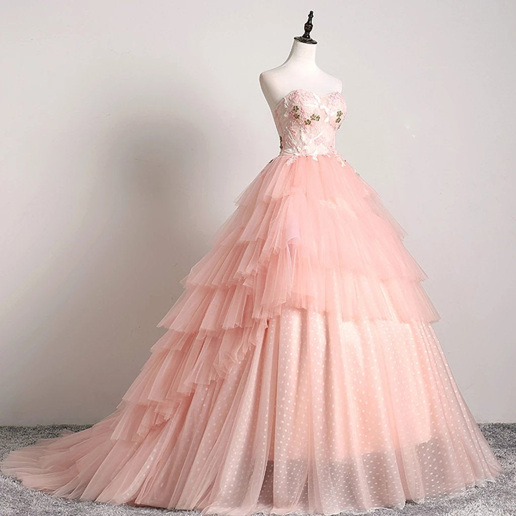 Princess Ball Gown Pink 3D Lace Multi-layered Prom Dresses, Tulle Quinceanera Dresses SJS15292