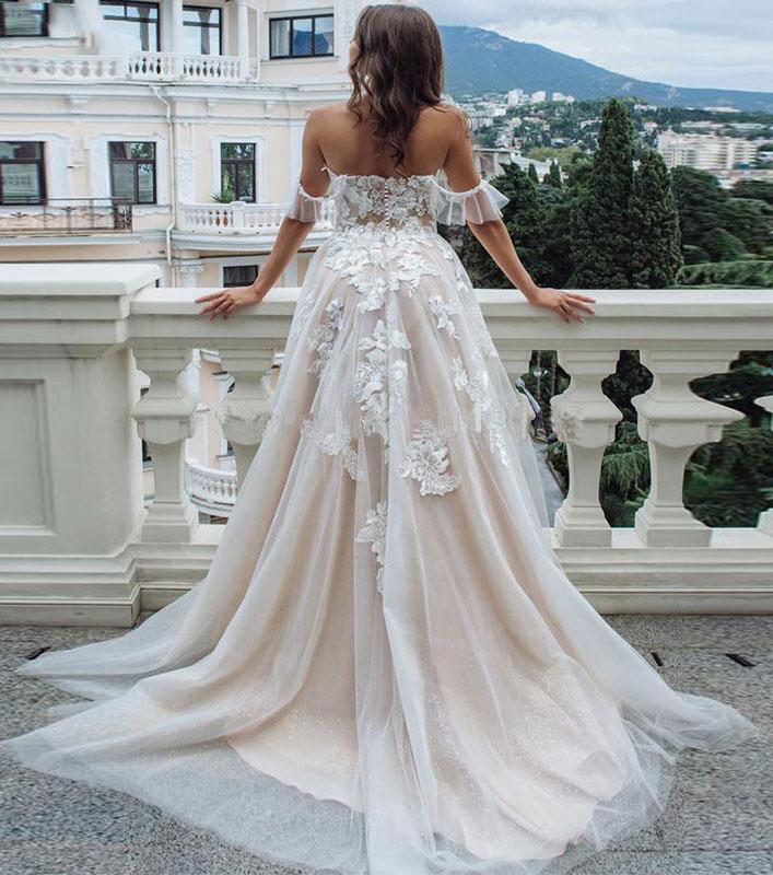 Princess A Line Off the Shoulder Sweetheart Beach Wedding Dresses with Appliques SRS15585