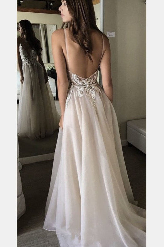 Deep V-neck Spaghetti Straps Lace Appliqued Beach Wedding Dress,Sexy Prom Dresses