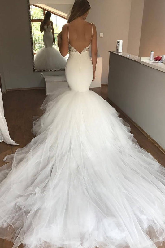 2024 Spaghetti Straps Wedding Dresses Mermaid Tulle With Applique Open Back