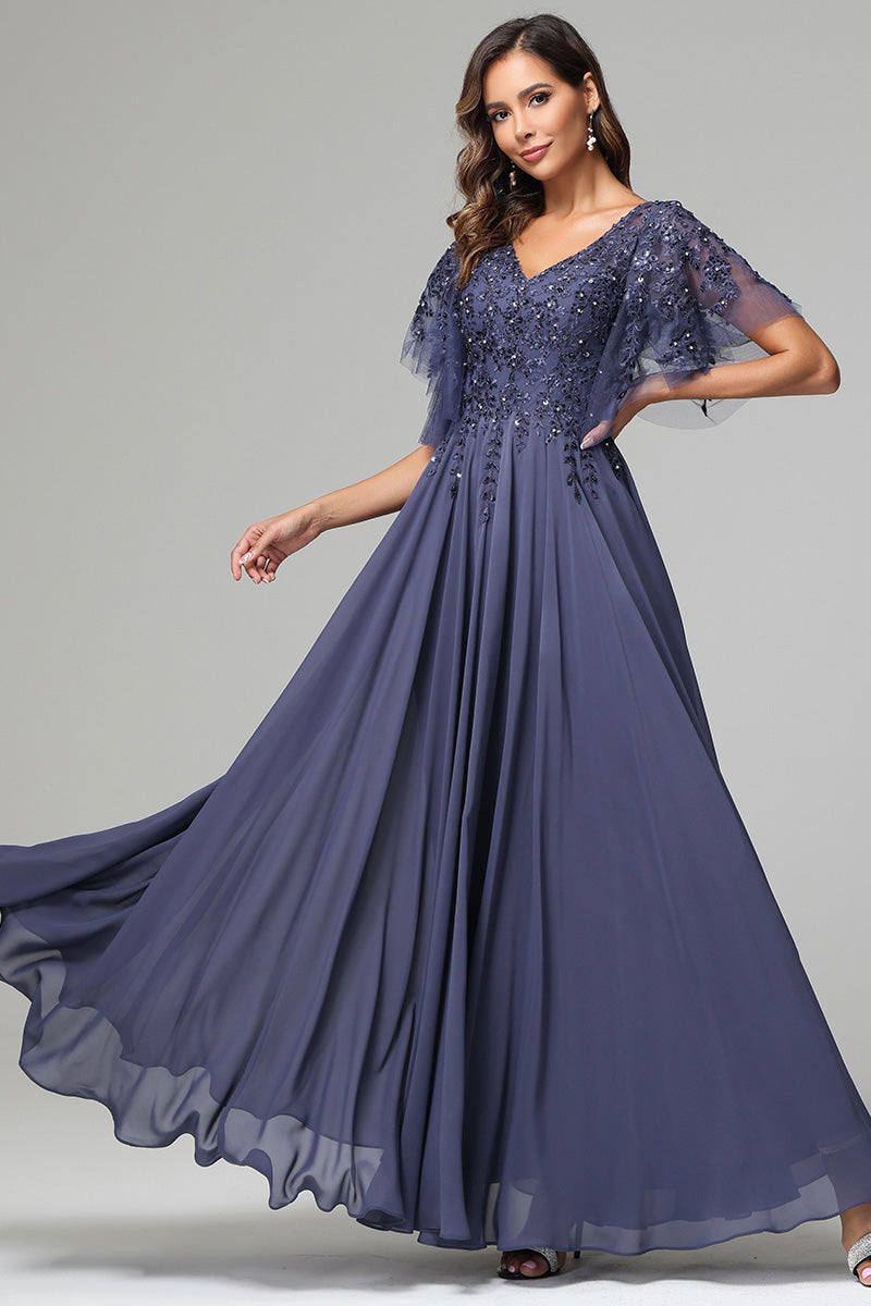 Elegant V-neck Short Sleeves Chiffon Appliqued Mother of the Bride Dresses