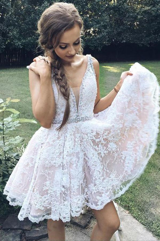 A Line Deep V-Neck Ivory Lace Beads Pink Satin Sleeveless Homecoming Dresses JS679