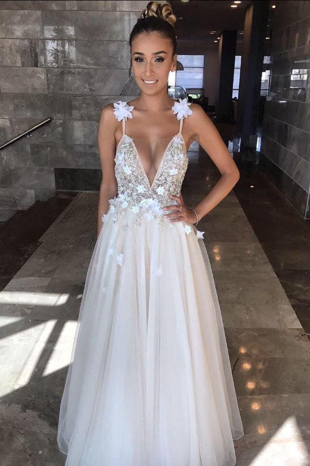 Deep V-neck Beading Prom Dresses,Straps Tulle Appliques A-line Custom Beach Wedding Dress