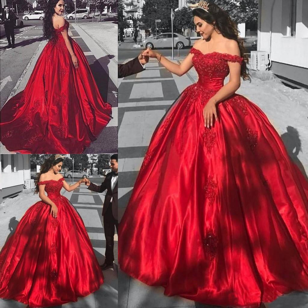 Ball Gown Off the Shoulder Red Satin Lace up Quinceanera Dresses with Appliques JS101