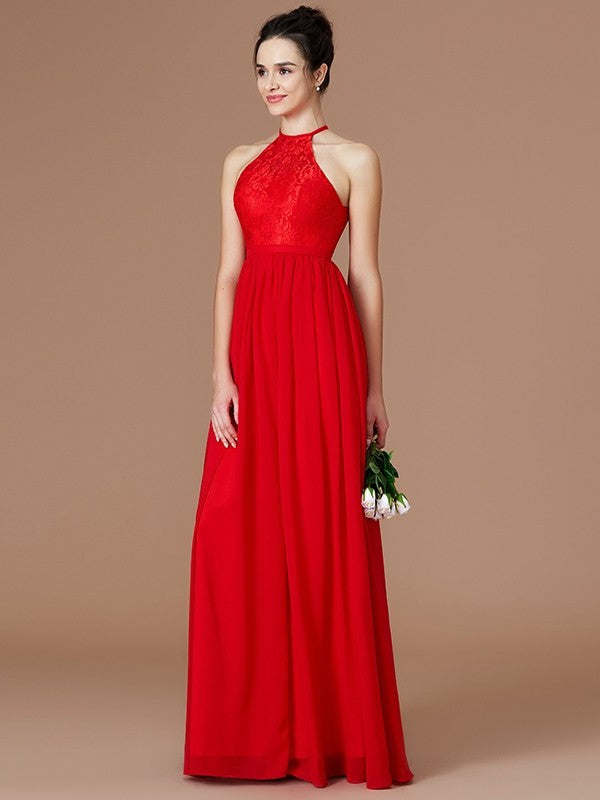 Lace Sleeveless Floor-Length Halter A-Line/Princess Chiffon Bridesmaid Dresses