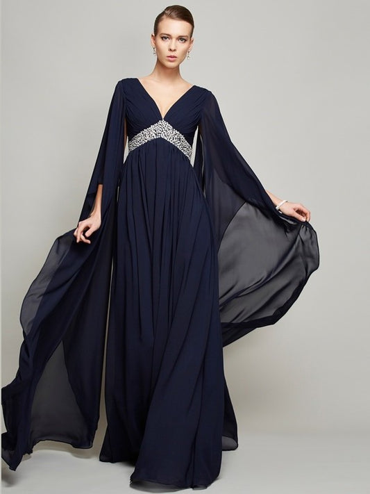 A-Line/Princess Sleeves V-neck Long Beading Long Chiffon Dresses