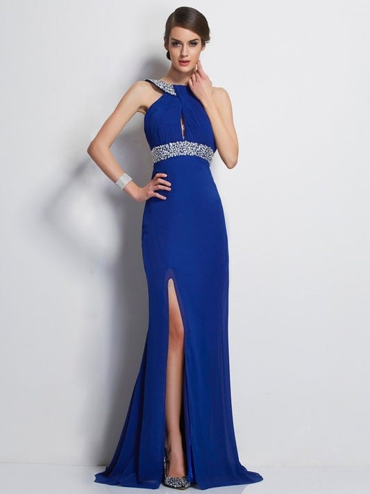 Neck High Beading Sleeveless Sheath/Column Long Chiffon Dresses