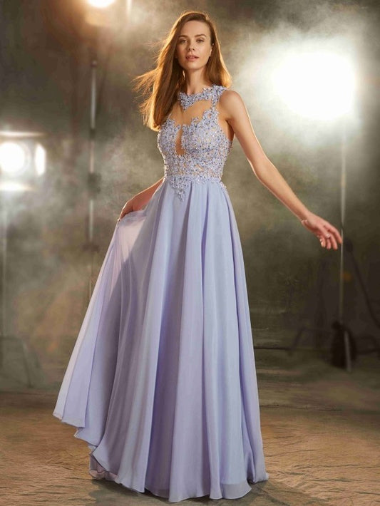 Sleeveless Scoop Floor-Length A-Line/Princess Applique Chiffon Dresses