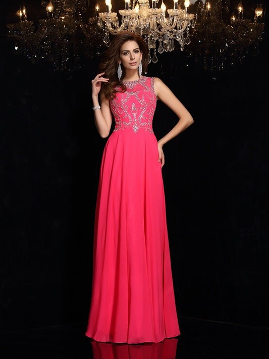 Beading Sleeveless Scoop A-Line/Princess Long Chiffon Dresses