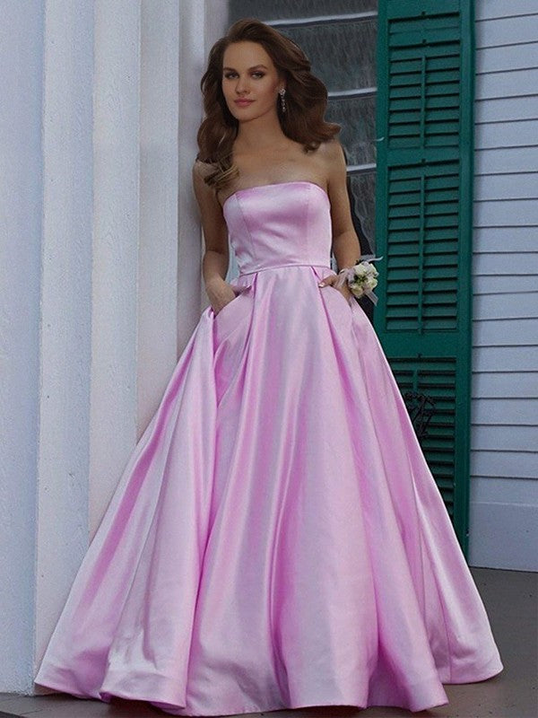 Floor-Length A-Line/Princess Sleeveless Strapless Ruffles Satin Dresses
