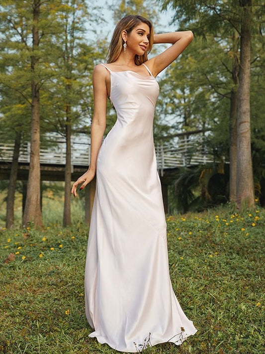 Ruched Sheath/Column Sweep/Brush Charmeuse Straps Sleeveless Spaghetti Train Bridesmaid Dresses