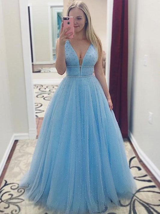 Sleeveless V-neck A-Line/Princess Floor-Length Pearls Tulle Dresses