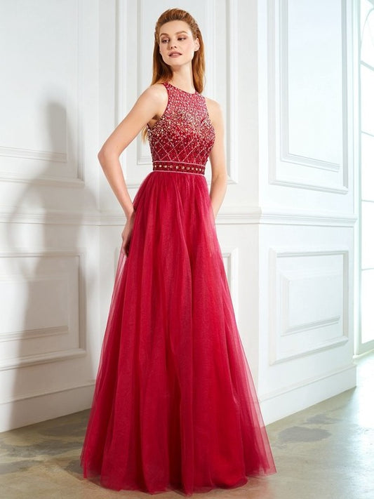 A-Line/Princess Scoop Floor-Length Sleeveless Beading Tulle Dresses