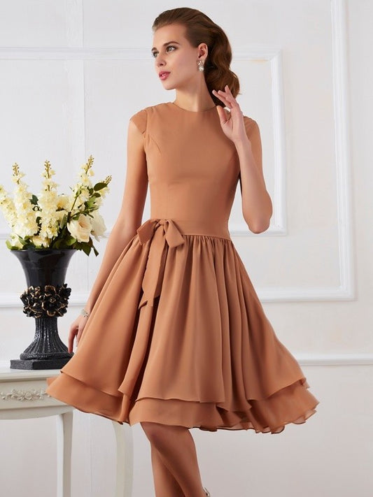 Sleeveless Short Neck High Sash/Ribbon/Belt Sheath/Column Chiffon Bridesmaid Dresses