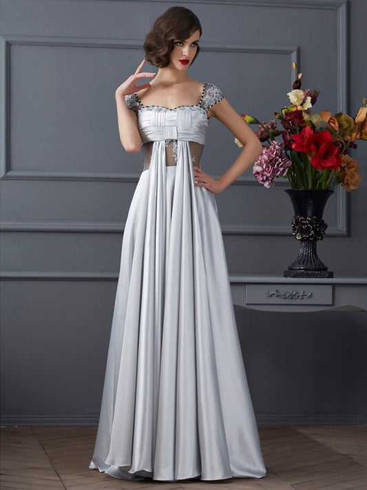 Sleeveless Off A-Line/Princess Long Pleats Elastic the Shoulder Woven Satin Dresses