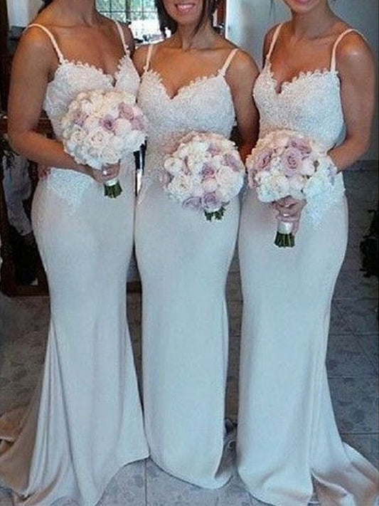 Sleeveless Lace Sheath/Column Spandex Sweetheart Sweep/Brush Train Bridesmaid Dresses