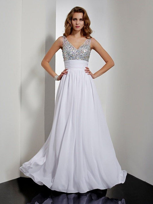 Sleeveless Rhinestone A-Line/Princess V-neck Long Chiffon Dresses