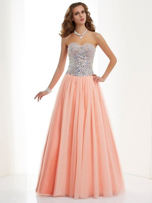 Beading Sweetheart A-Line/Princess Long Elastic Sleeveless Woven Satin Dresses