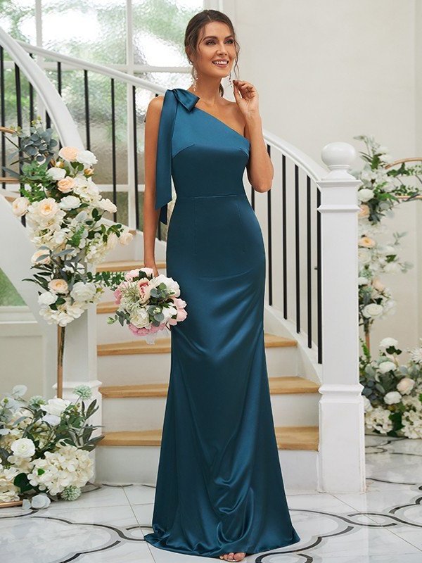 Satin Bowknot Sheath/Column Sleeveless One-Shoulder like Silk Floor-Length Bridesmaid Dresses