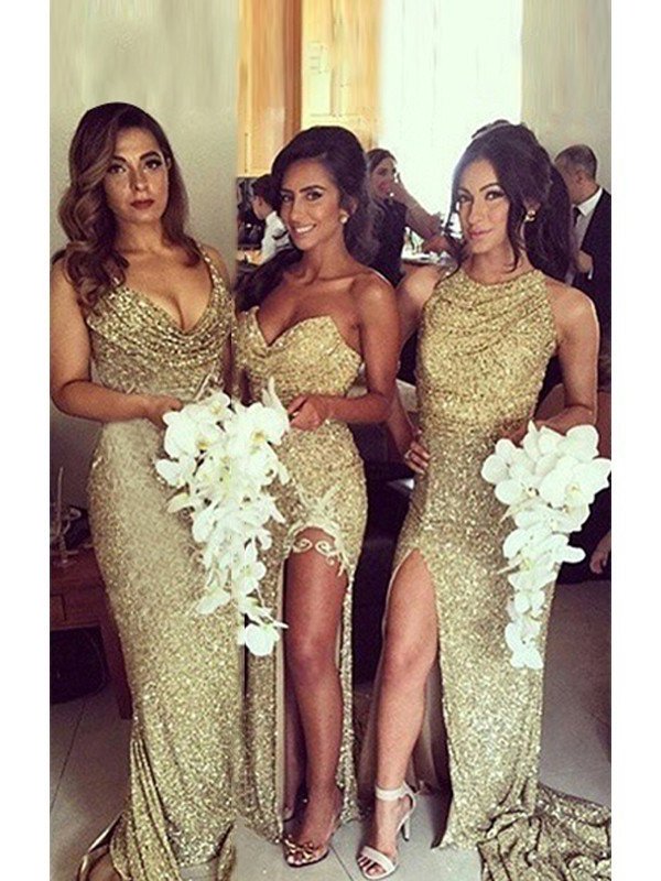 Sweetheart Sequins Sleeveless Sheath/Column Ruched Sweep/Brush Train Bridesmaid Dresses