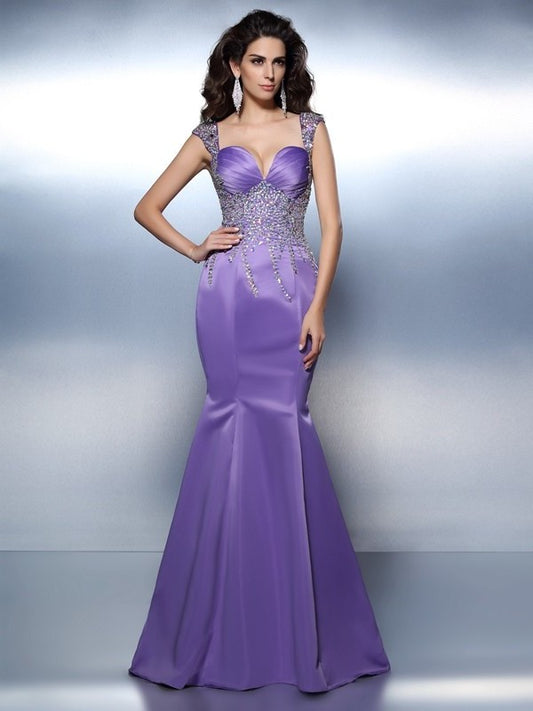 Beading Trumpet/Mermaid Sleeveless Sweetheart Long Satin Dresses