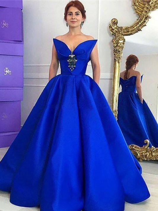 Sleeveless Ruffles Ball Gown V-neck Floor-Length Satin Dresses