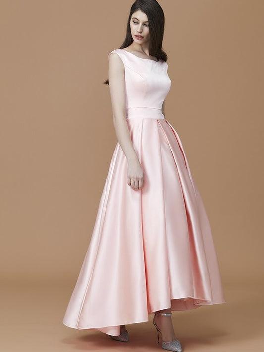 Asymmetrical Sleeveless A-Line/Princess Ruffles Bateau Satin Bridesmaid Dresses