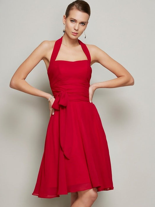 Short Halter Bowknot A-Line/Princess Pleats Sleeveless Chiffon Bridesmaid Dresses